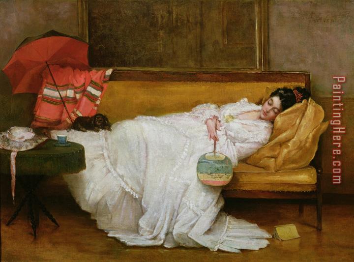 Alfred Emile Stevens Girl in a white dress resting on a sofa